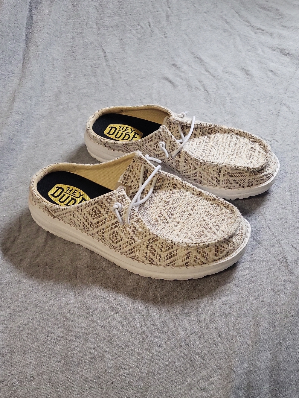Hey Dude Woven Slip-On Mules in Beige and White